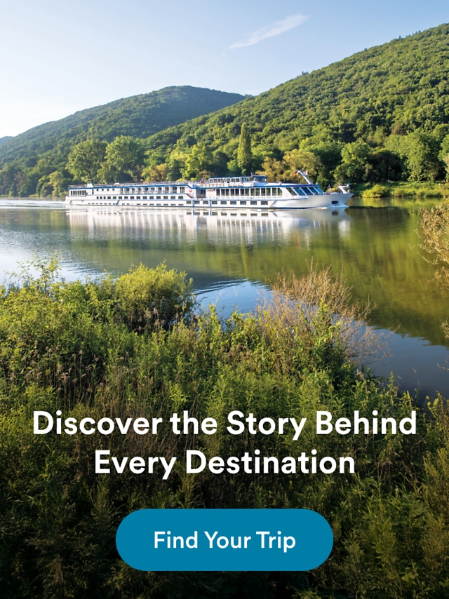 A white river cruise ship sailing along a calm, tree-lined river between forested hills. Overlaid text reads: "Cruise 2-for-1 on select 2026 departures" with a "Save Now" button.